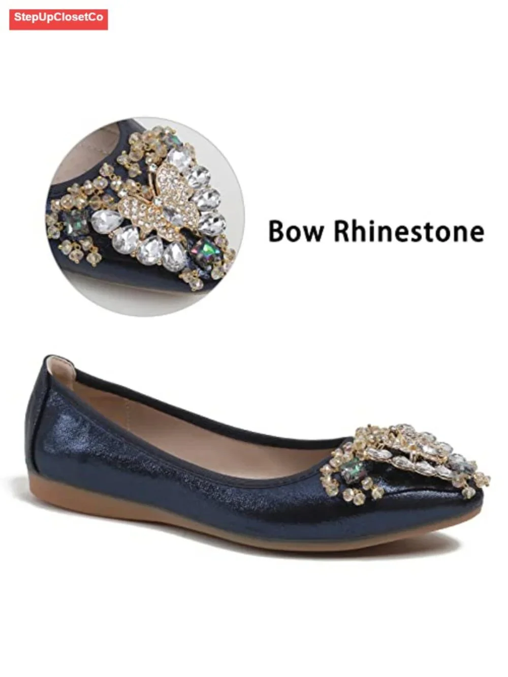 Rhinestone Bow Ballet Flats - Pointed Toe Slip On Comfort Wedding Shoes